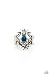 Blooming Fireworks Blue Ring - White Rhinestone Floral Design and Blue Rhinestone for Center