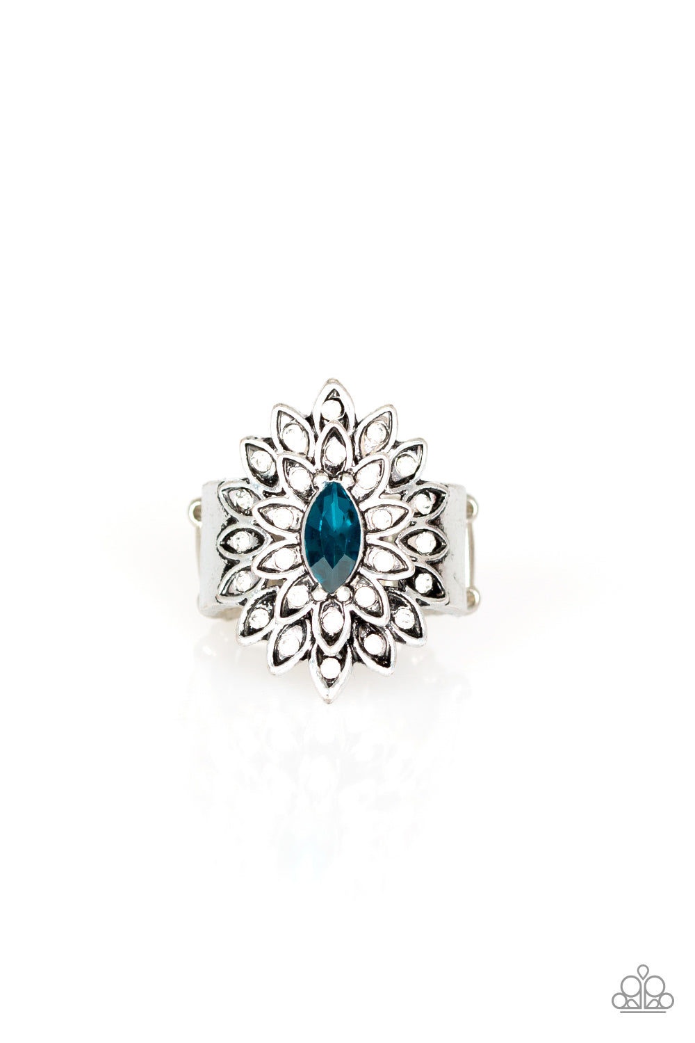 Blooming Fireworks Blue Ring - White Rhinestone Floral Design and Blue Rhinestone for Center