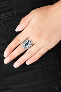 Blooming Fireworks Blue Ring - White Rhinestone Floral Design and Blue Rhinestone for Center