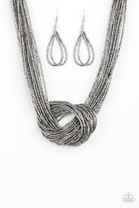 Knotted Knockout Seed Bead Necklace - Gunmetal Black, Brass, Cooper, Blue