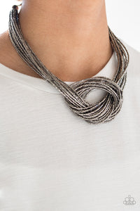 Knotted Knockout Seed Bead Necklace - Gunmetal Black, Brass, Cooper, Blue