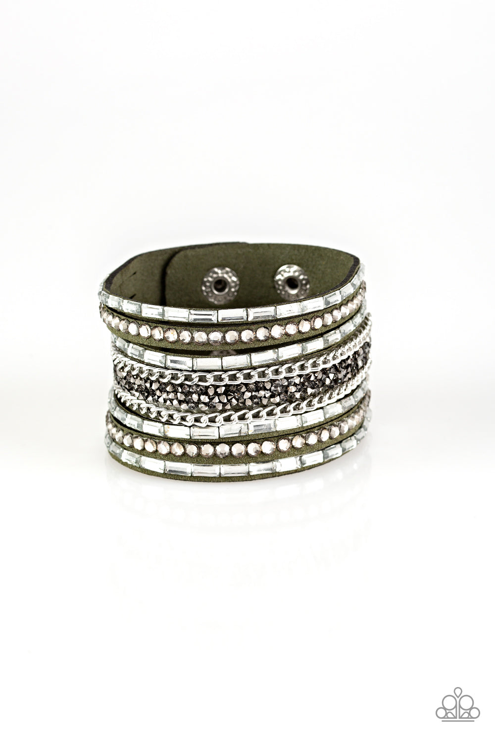 Paparazzi - Rhinestone Rumble - Green Snap Bracelet