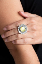 Load image into Gallery viewer, Paparazzi Gardenia Glow Yellow Moonstone Ring with Floral Frame
