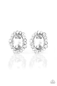 Paparazzi Hold Court White Oval Clip On Rhinestone Earrings