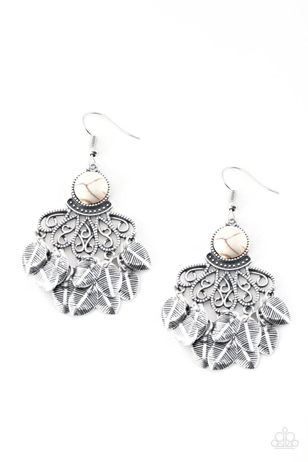 A Bit On the Wildside White Paparazzi Earrings with silver leaves