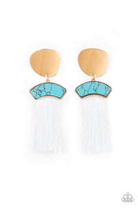 Paparazzi Insta Inca Gold Post Earring with White Plume and Turquoise Stone Frame