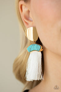 Paparazzi Insta Inca Gold Post Earring with White Plume and Turquoise Stone Frame