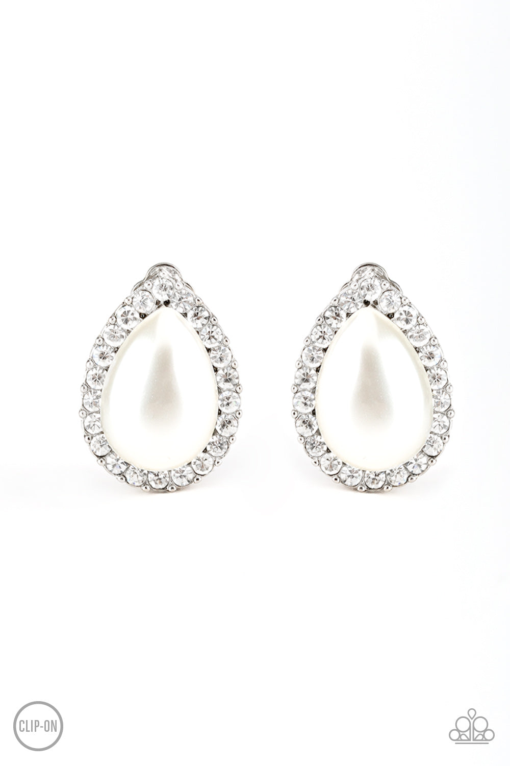 Old Hollywood Opulence White Teardrop Pearl with Rhinestones Clip On Earrings Paparazzi