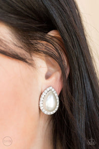 Old Hollywood Opulence White Teardrop Pearl with Rhinestones Clip On Earrings Paparazzi