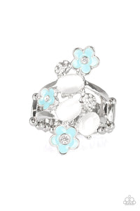 Daisy Delight Blue Ring with Blue Daisy Flower Designs and White Moonstones