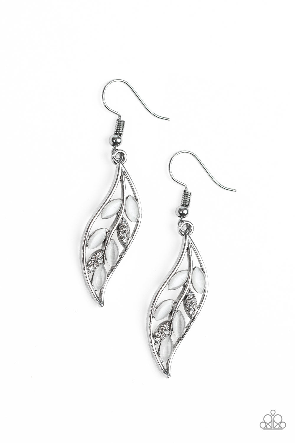Sparkling Stems - White Cat's Eye Stones on Silver Leaf frame Paparazzi