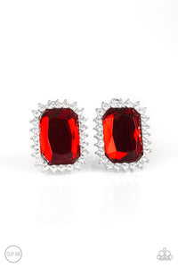 Paparazzi Downtown Dapper - Red Emerald Style Cut Clip-On Earrings with Dainty White Rhinestones
