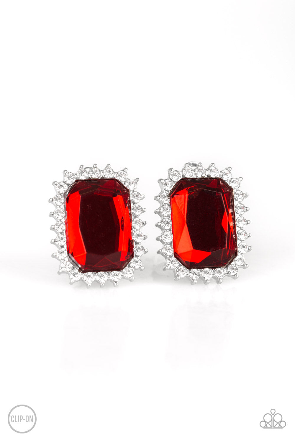 Paparazzi Downtown Dapper - Red Emerald Style Cut Clip-On Earrings with Dainty White Rhinestones