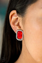 Load image into Gallery viewer, Paparazzi Downtown Dapper - Red Emerald Style Cut Clip-On Earrings with Dainty White Rhinestones
