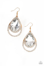 Load image into Gallery viewer, Paparazzi Famous Gold Teardrop Shaped Earrings with Large White Rhinestone
