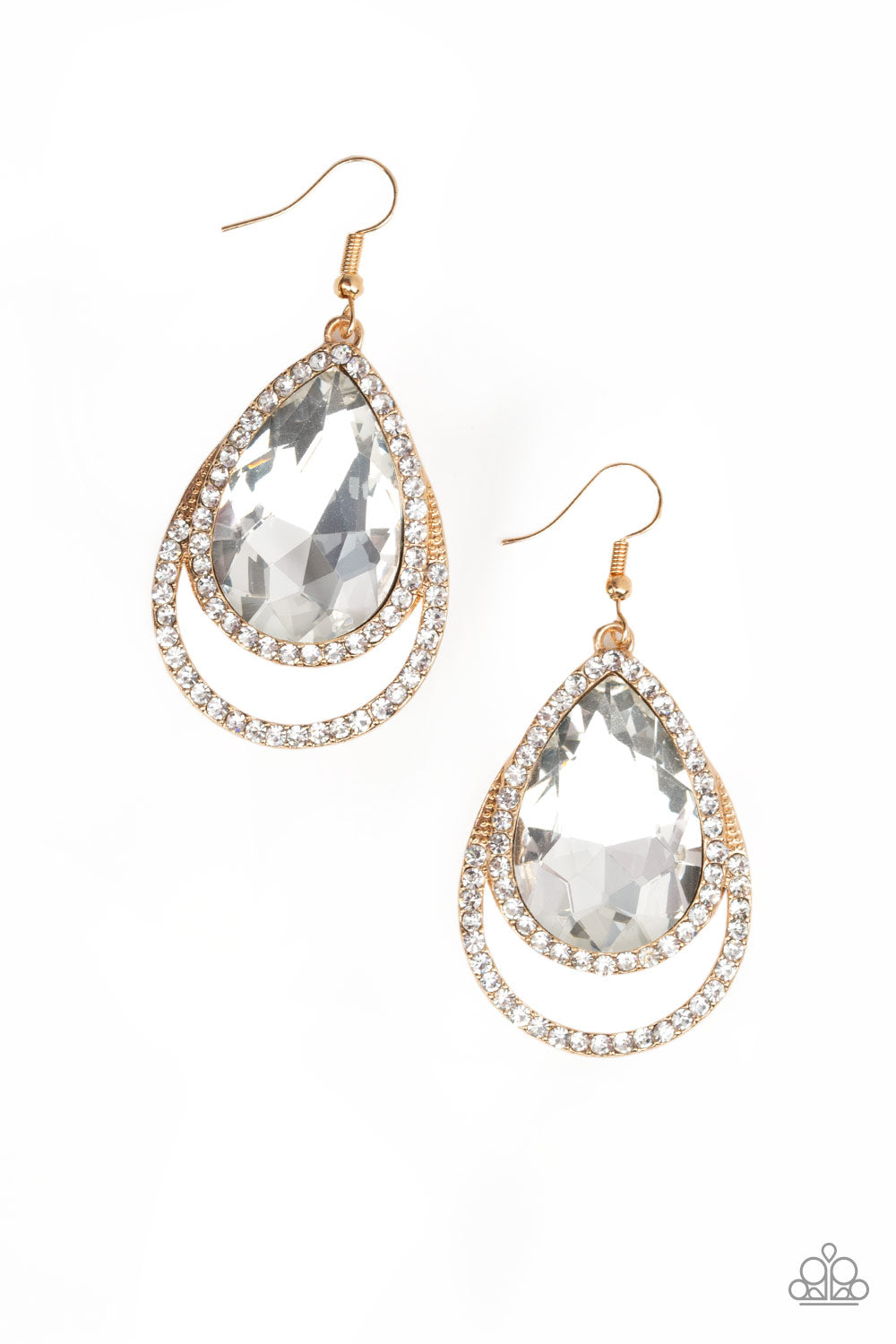 Paparazzi Famous Gold Teardrop Shaped Earrings with Large White Rhinestone