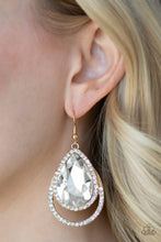 Load image into Gallery viewer, Paparazzi Famous Gold Teardrop Shaped Earrings with Large White Rhinestone
