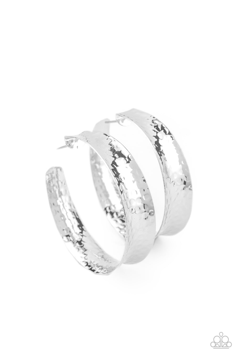 Paparazzi Fearlessly Flared - Silver Edgy Hoop Earrings with a Hammered Texture