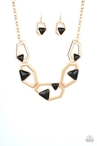 GEO-ing, GEO-ing, Gone - Gold and Black Geometric Shape Short Necklace