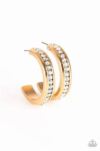 Paparazzi 5th Avenue Fashionista Gold Hoops with White Rhinestone