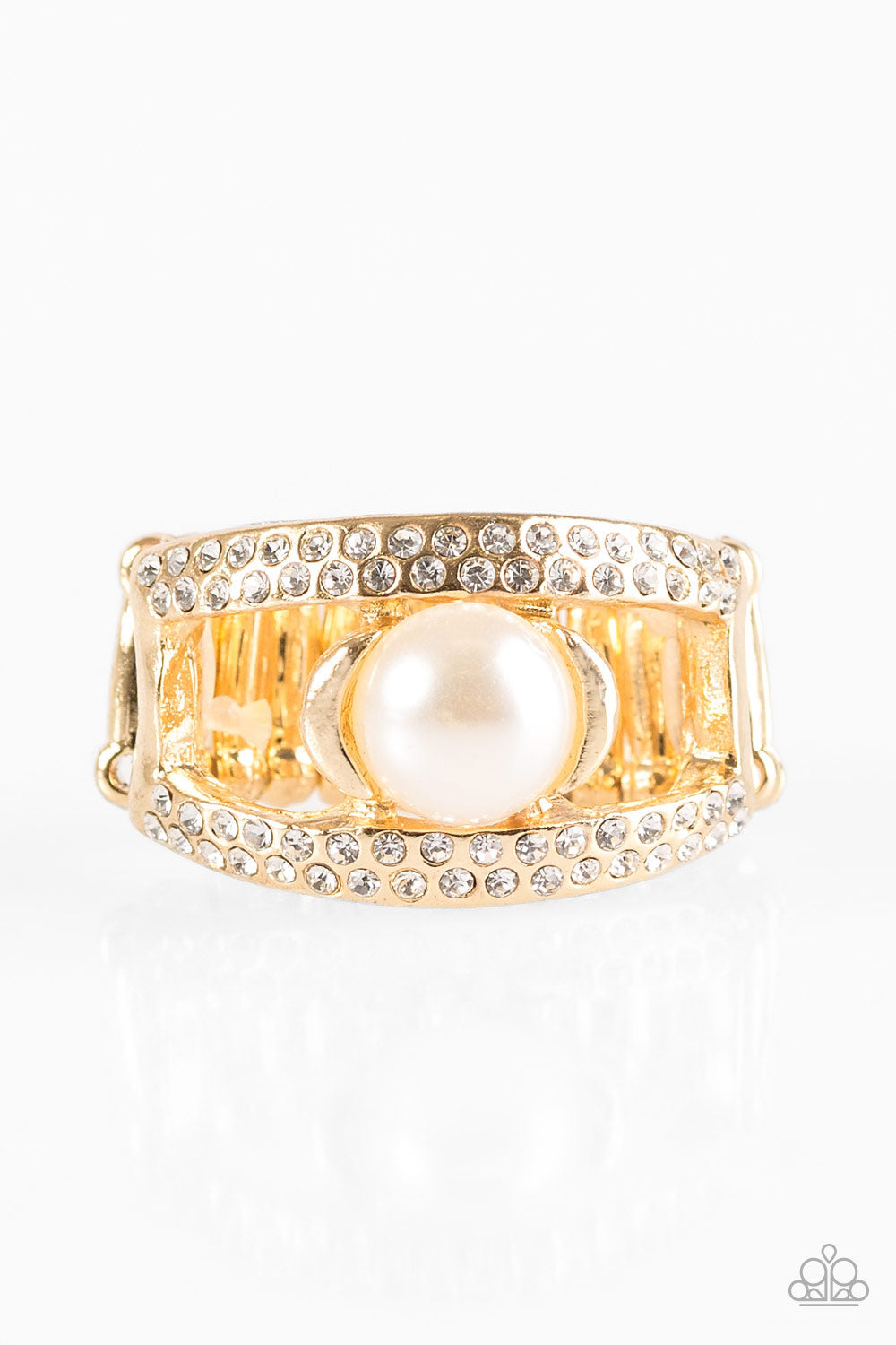 Paparazzi Bank Run Gold Pearl and Rhinestone Ring