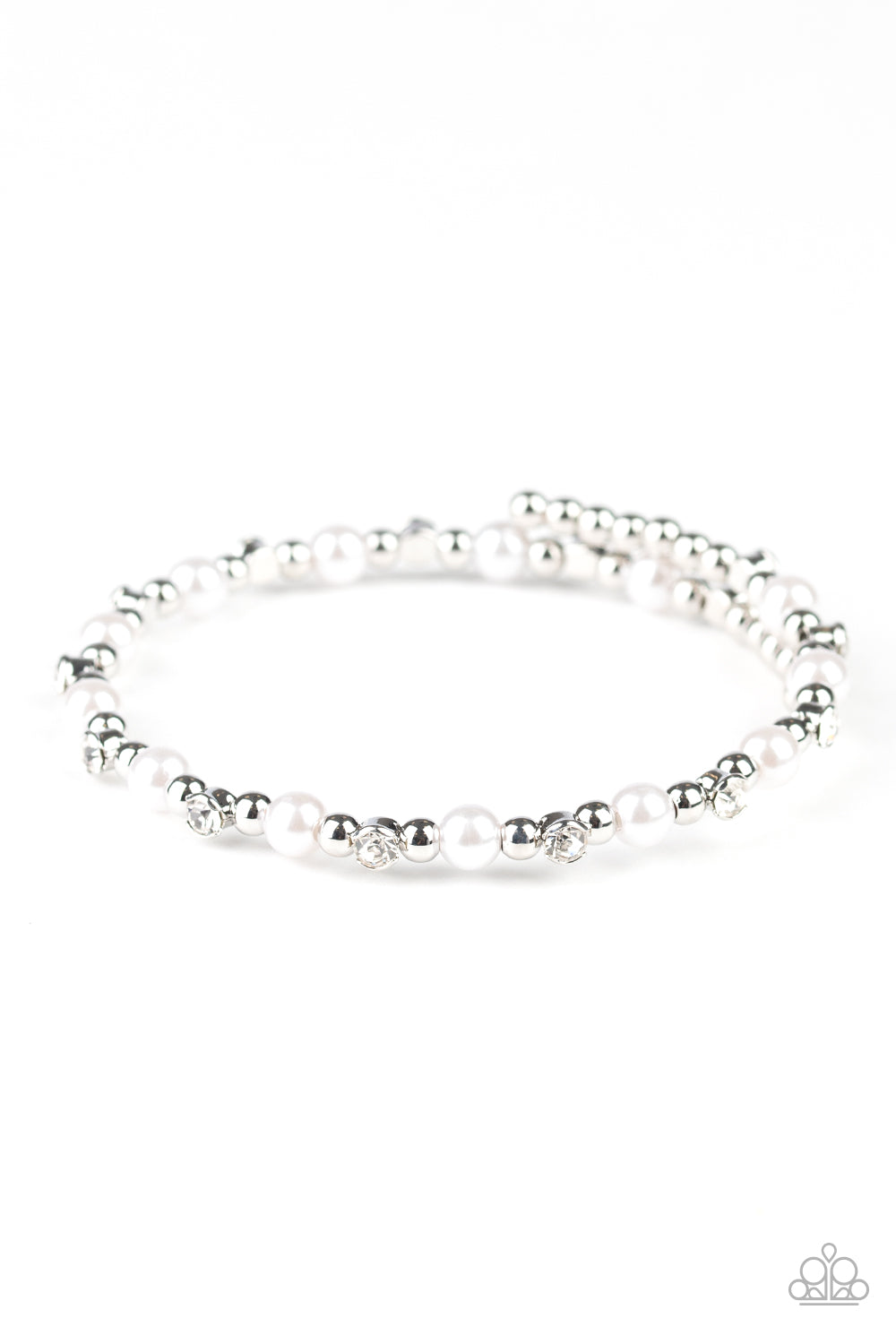 Paparazzi Decadently Dainty White Pearl and Rhinestone Coil Infinity Bracelet