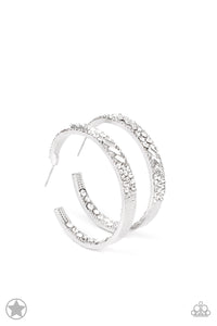 Paparazzi Block Buster - GLITZY By Association White Silver Hoop Earrings 1.75"