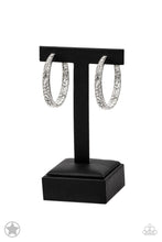 Load image into Gallery viewer, Paparazzi Block Buster - GLITZY By Association White Silver Hoop Earrings 1.75&quot;
