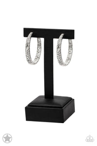 Paparazzi Block Buster - GLITZY By Association White Silver Hoop Earrings 1.75"