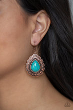 Load image into Gallery viewer, Paparazzi Mountain Mover Cooper Teardrop Shaped Earrings with Turquoise Stone

