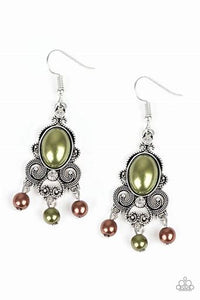 Paparazzi I Better Get Glowing Multicolor Metallic Pearl Earrings with Dainty White Rhinestones