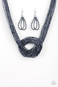 Knotted Knockout Seed Bead Necklace - Gunmetal Black, Brass, Cooper, Blue