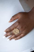 Load image into Gallery viewer, Paparazzi Lined Up -Oversized Gold Hammered Disc Ring
