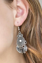 Load image into Gallery viewer, Lower East Wildside Paparazzi White Stone Bead Silver Leaf Tribal Earrings
