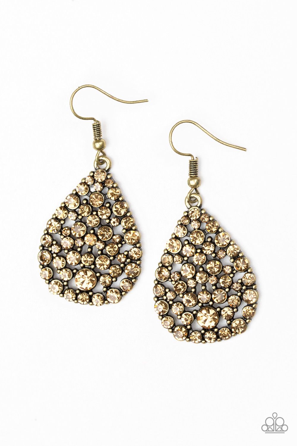Paparazzi Brighter Brass Teardrop Earrings with Topaz Rhinestones