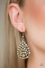 Load image into Gallery viewer, Paparazzi Brighter Brass Teardrop Earrings with Topaz Rhinestones

