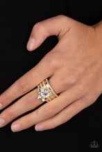 Load image into Gallery viewer, Paparazzi Top Dollar Ring Gold and Rhinestone Ring
