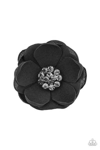 Paparazzi Dewdrop Dazzle Black Flower Hair Clip with Black Rhinestones