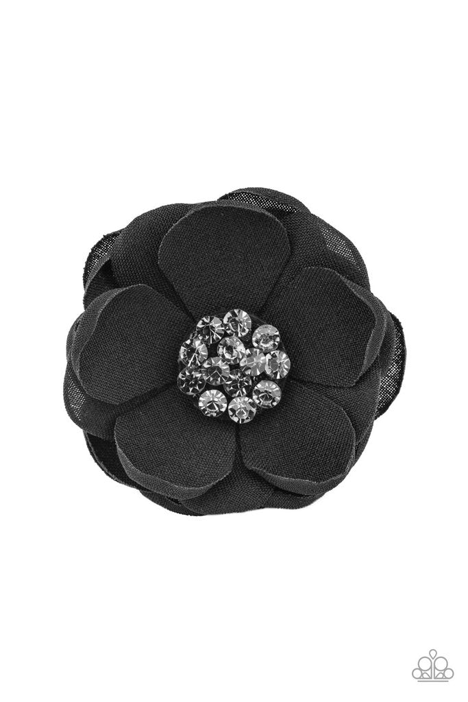 Paparazzi Dewdrop Dazzle Black Flower Hair Clip with Black Rhinestones