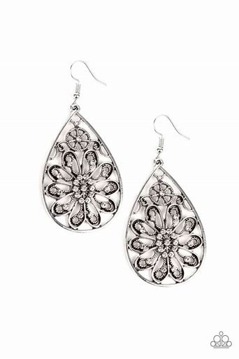 Flowering Finery White Floral Filigree Teardrop Earrings Paparazzi