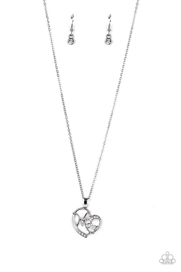 Paparazzi Mom Moments Silver and White Rhinestone Heart Shape Pendant Short Necklace